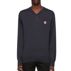 Maison Kitsune Navy Wool Fox Head V Neck Sweater